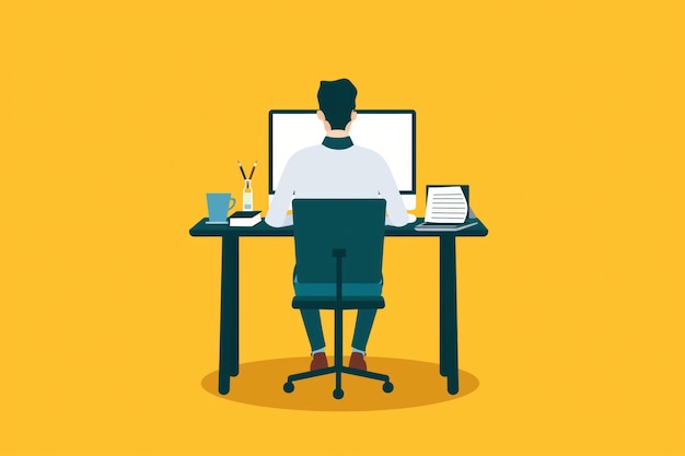 Illustration of a man seated at a desk with computer setup on a yellow background