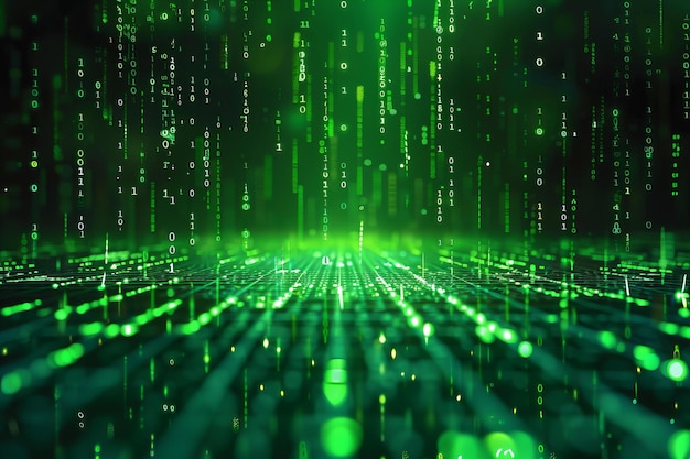 Illustration of digital background of green binary code on a dark green background with falling num