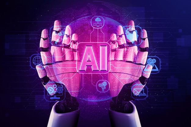 Ilustrace budoucnosti: robot s umělou inteligencí a cyborg v 3D renderování