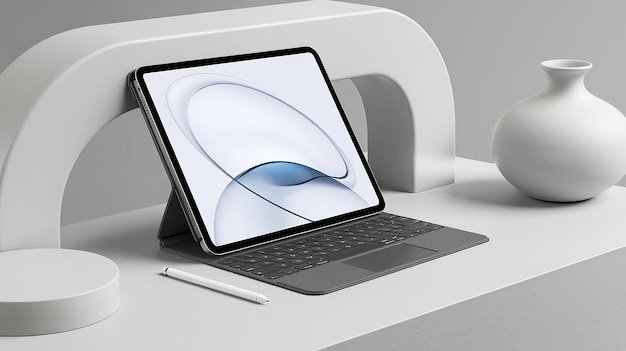 Image features a digital mockup of an laptop displayed in a sleek modern style