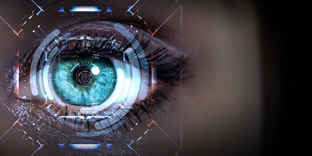Image of human eye in process of scanning. Mixed media
