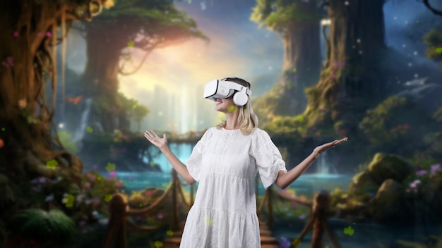 Impressive woman looking by VR in maple leave falling tale stream Contraption
