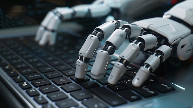 In a 3D rendering a robotic hand is depicted pressing a keyboard on a laptop