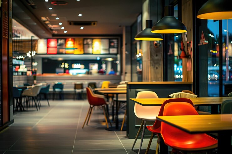 Interior lighting and seating in a fast food restaurant Generative Ai