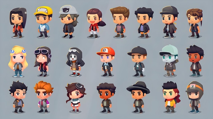 Fotografie isometric chibi character set full body collection