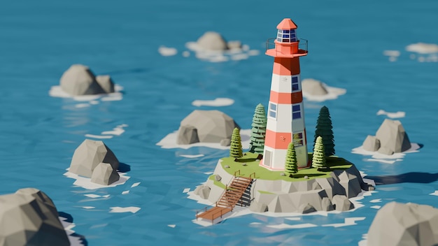 isometric low poly light house 3d render