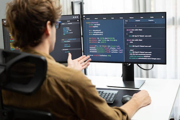 it developer with stressful overworked in creating online software code gusher