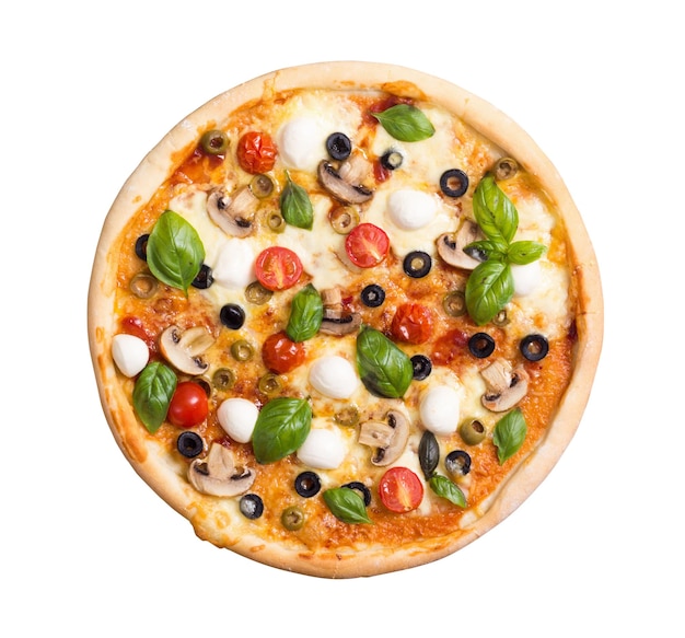 Italian pizza with mozzarella tomato olives and mushrooms isolated on white background Top view With clipping path included