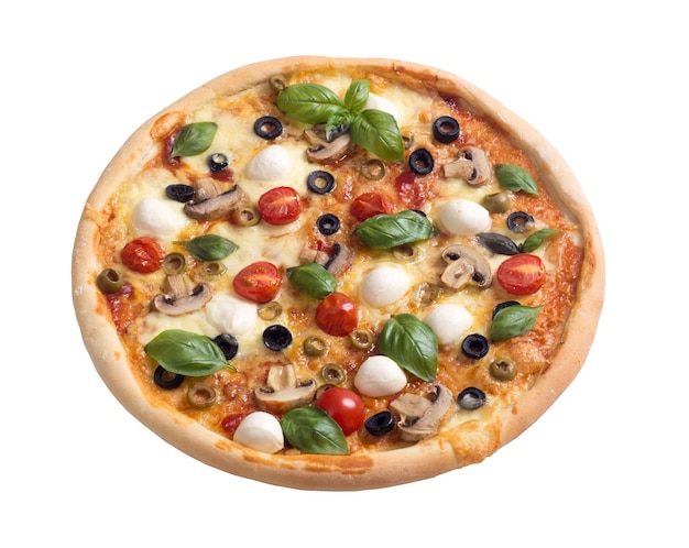 Italian pizza with mozzarella tomato olives and mushrooms Isolated on white