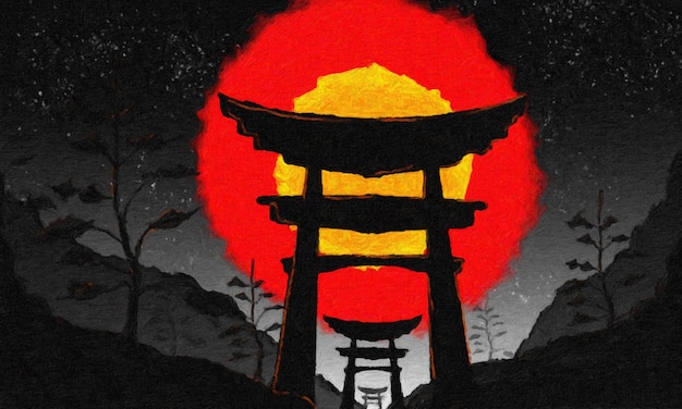 Japanese torii gate standing on mountain pass at sunset