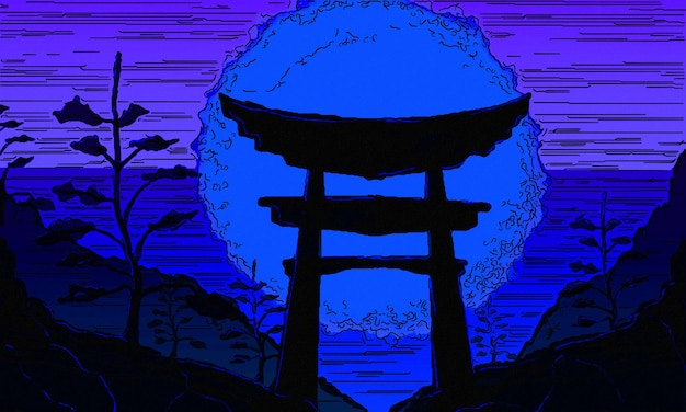 Japanese torii gate standing on mountain pass at sunset