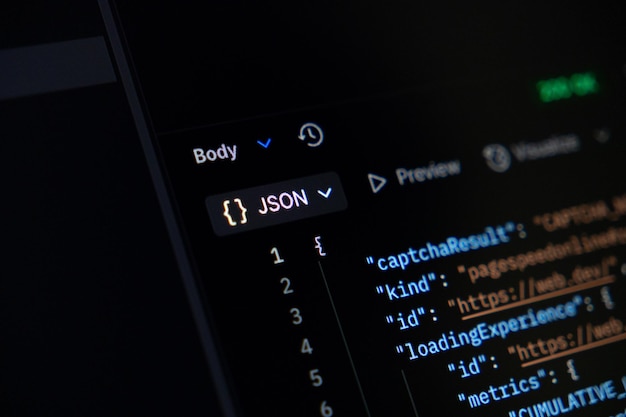 JSON programming code visible on a dark computer screen illustrating data exchange protocols fundamental for modern web development and backend applications