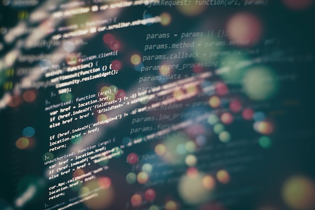 Kód programování vývojáře. Abstraktní kód počítačového skriptu. Obrazovka s kódem programování vývojáře softwaru. Čas práce na programování softwaru.