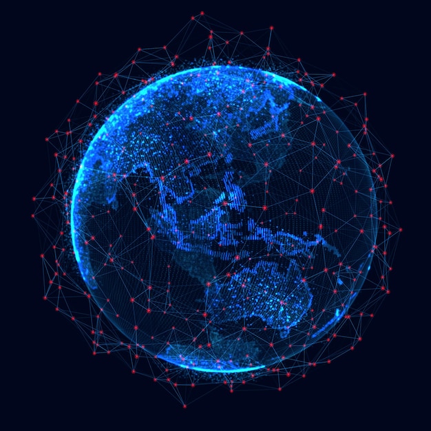 Koncepce globální sítě Bod mapy světa Globální síť planeta Země 3D renderování