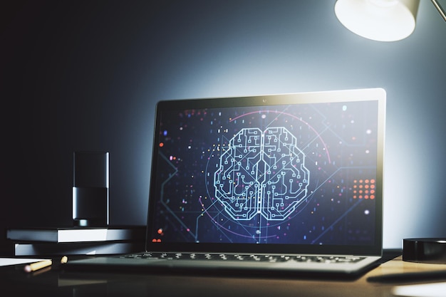 Kreativní koncept umělé inteligence s hologramem lidského mozku na obrazovce moderního notebooku – 3D renderování