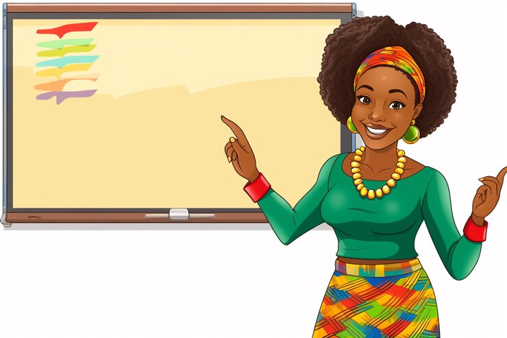 Kreslená ilustrace usměvavé africké učitelky vedle tabule ve třídě