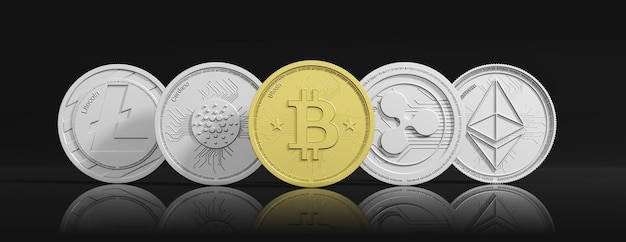 Kryptoměna Zlatý bitcoin a různé stříbrné virtuální mince na černém pozadí banner čelní pohled 3D ilustrace