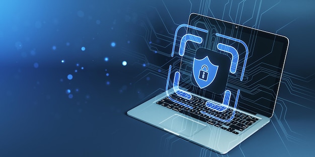 laptop with a glowing digital lock hologram on a blue circuit background representing cybersecurity concept 3d rendering