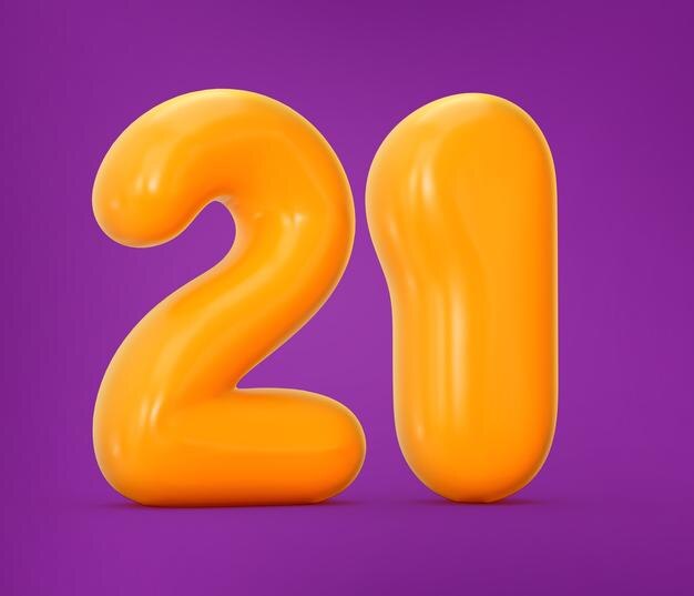 Lesklé oranžové želé číslo 21 nebo dvacet jedna izolované na fialovém pozadí se stínem 3D ilustrace