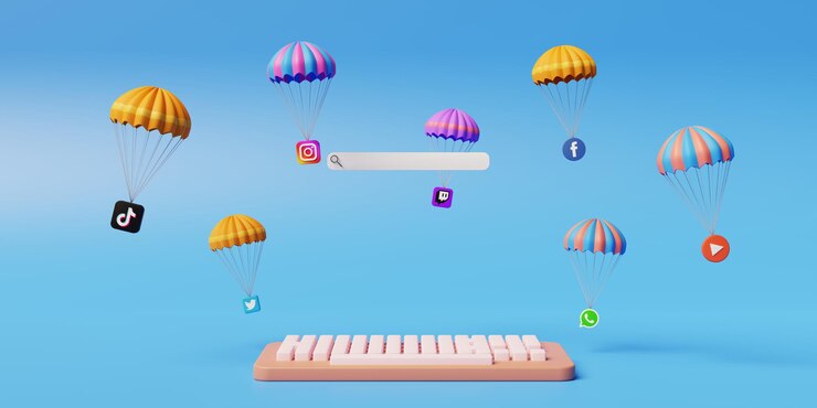 Loga sociálních médií Facebook Instagram Twitter Youtube WhatsApp TikTok a Twitch padají s padákem