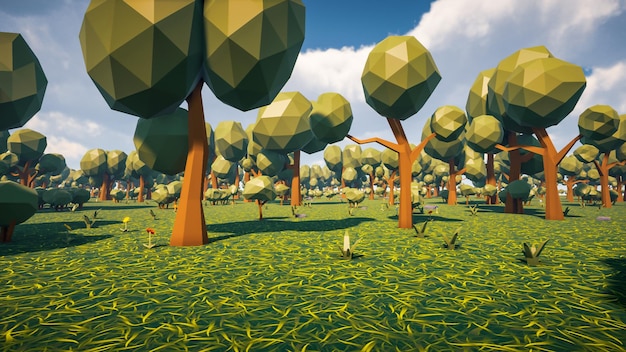 low poly forest landscape background without human and animals 3d render