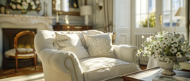 Luxurious Living Room with Elegant Furniture Antique Chair and Sofa Cozy Interior with Natural Light