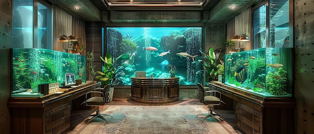 Luxury Home Office with Elegant Fish Tank and Serene Aquatic Ambiance