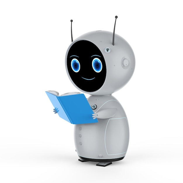 machine learning concept with 3d rendering friendly robot reading a book