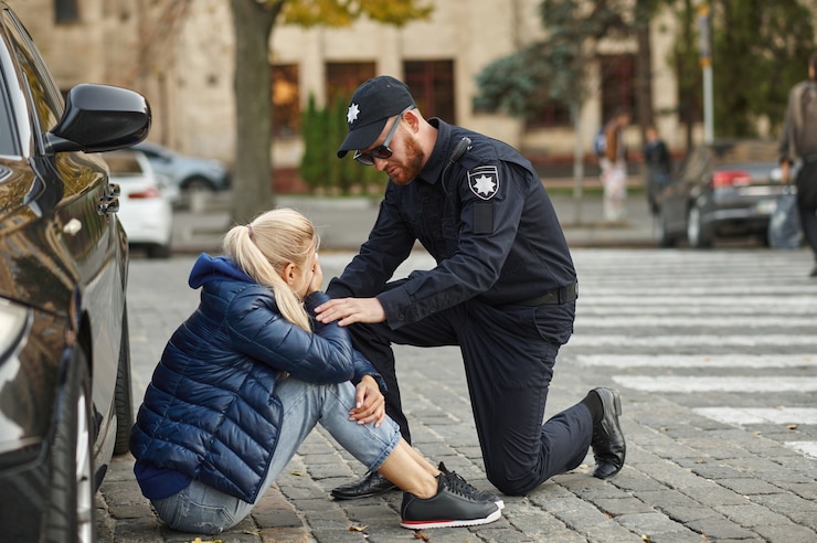 Fotografie male police officer calms a female driver in shock