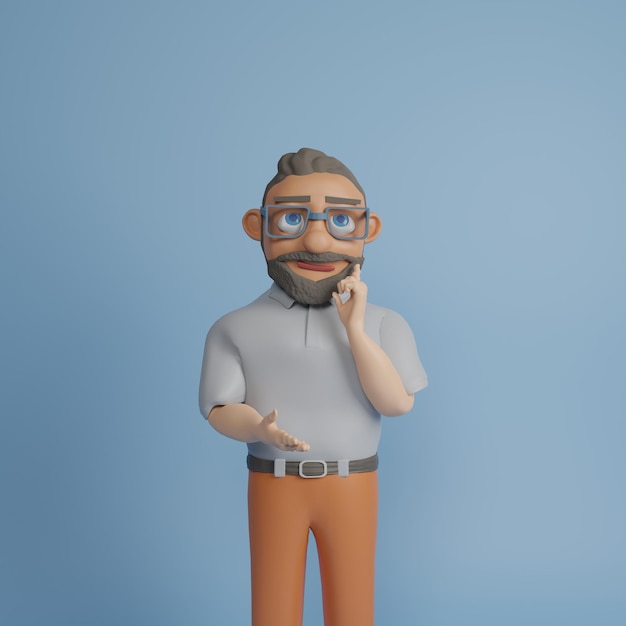 man character with a beard and glasses 3d illustration on a blue background thinking about somethin