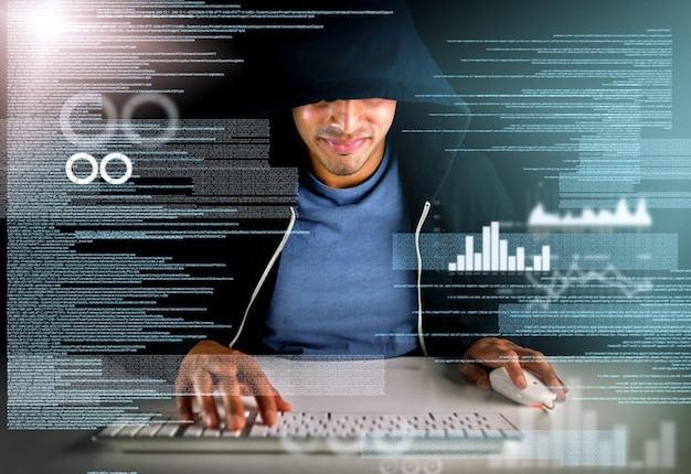 Man hacker and malware hologram with smile from virus installation for firewall bypass and hub Database overlay and dashboard with analytics and programming and cyber security crime on software