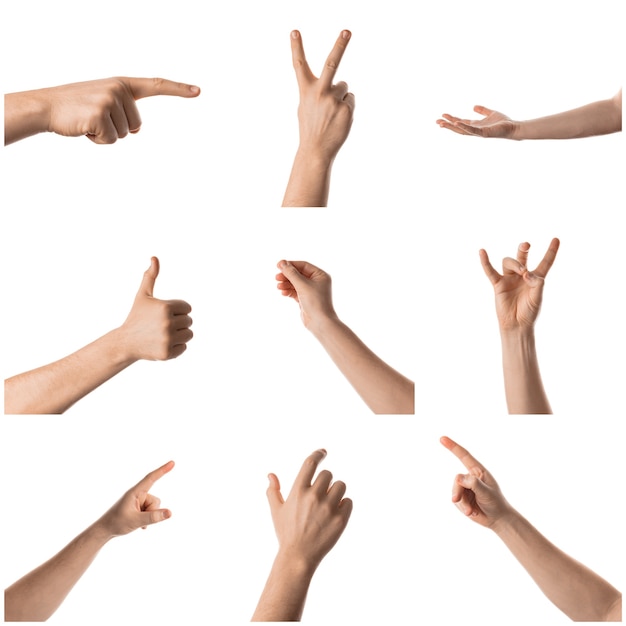 Man hand with the various gesture Isolated on white background Collage of set photos