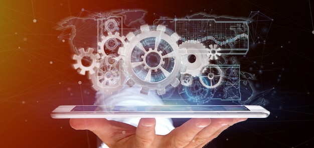 Man holding a technology gear wheel interface