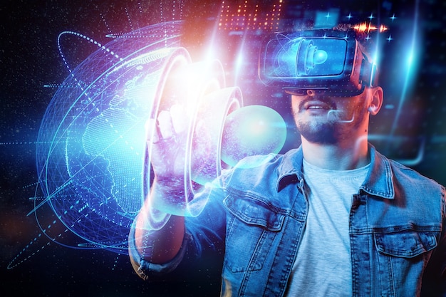 man holds on his hand a hologram of the earth, the internal structure, the structure of the nucleus. earth geology concept