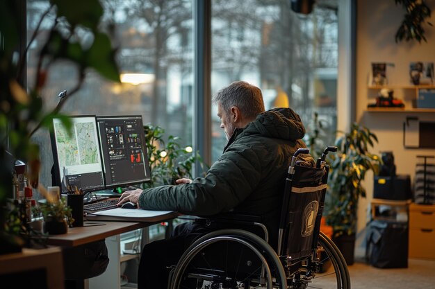 Man in Wheelchair Working at Computer