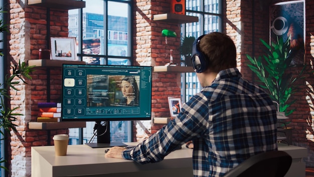 man listening music while using ai program turning text prompt into videos