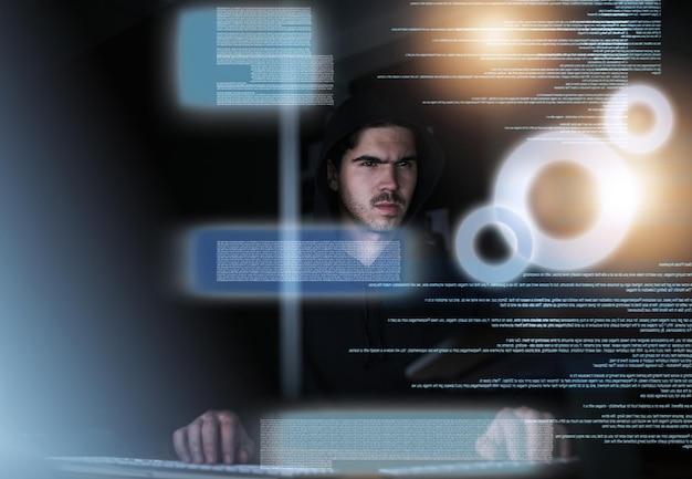 Man night and data overlay with hacker criminal programmer and information or code for security threat Encryption cyberattack and analysis with keyboard malware algorithm and dark with IT skills