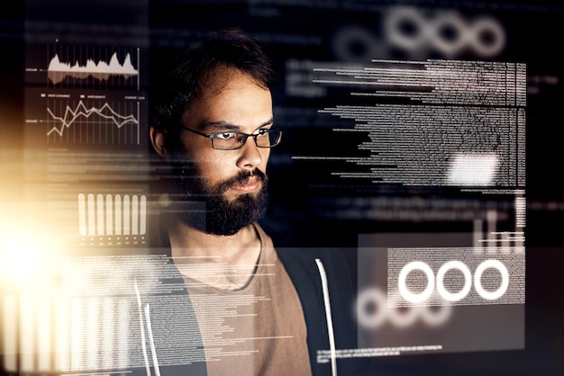 Man overlay and cyber security with coding data and analysis for programming and software development Male person programmer and information technology during night for cloud computing database