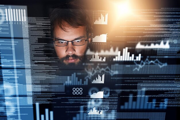 Man overlay and programmer with coding data and analysis for cyber security and software development Male person programming and information technology during night for cloud computing database