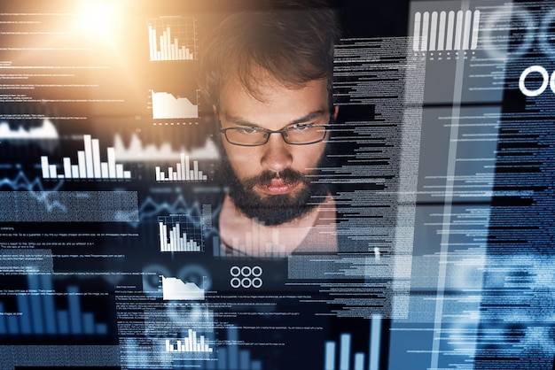 Man overlay and programming with coding database and analysis for cyber security and software development Male person programmer and information technology during night for cloud computing data