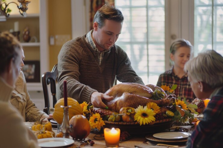 Fotografie man serving thanksgiving turkey to family and friends