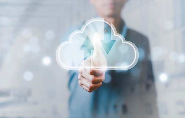 Man touching a cloud networking concept and touch screen with hand connection line on the black background, Cloud computing is system for sharing download and upload big data information, concept
