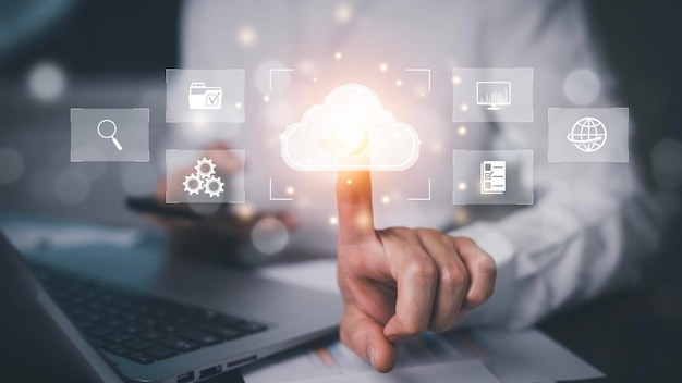man touching connect to data information on the cloud computing technology internet storage network concept and a large database big data through internet technology cloud sharing download and upload