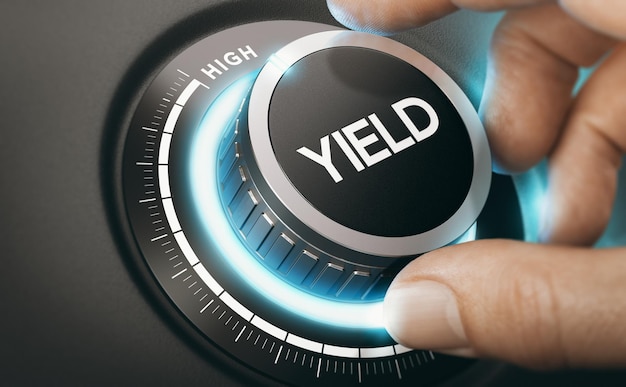 man turning a knob to select high yield investment. finance concept. composite image between a hand photography and a 3d background.