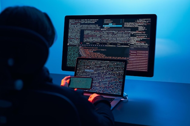Man using computer and programming to break code Cyber security threat Internet and network security