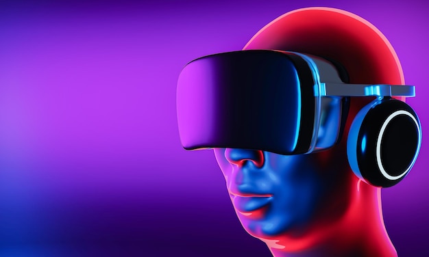 man wearing vr goggles to enter metaverse or digital virtual world virtual future technology in cyberpunk light tones