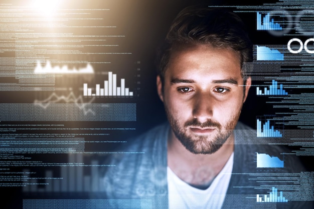 Man web developer and overlay with graph coding and stats for app development reporting and chart software Male person programmer and data analytics with insight for ecommerce growth information