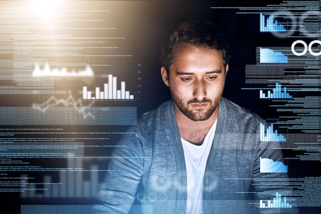 Man web developer and statistics overlay with coding or script for fintech app and ecommerce software Male person programmer and hologram with graph hmtl and data analytics for financial review