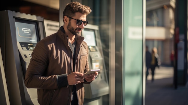 Man withdraws money using an ATM in the city Created with Generative AI technology