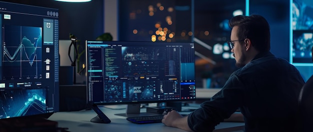 Man Working at Dual Computer Monitors